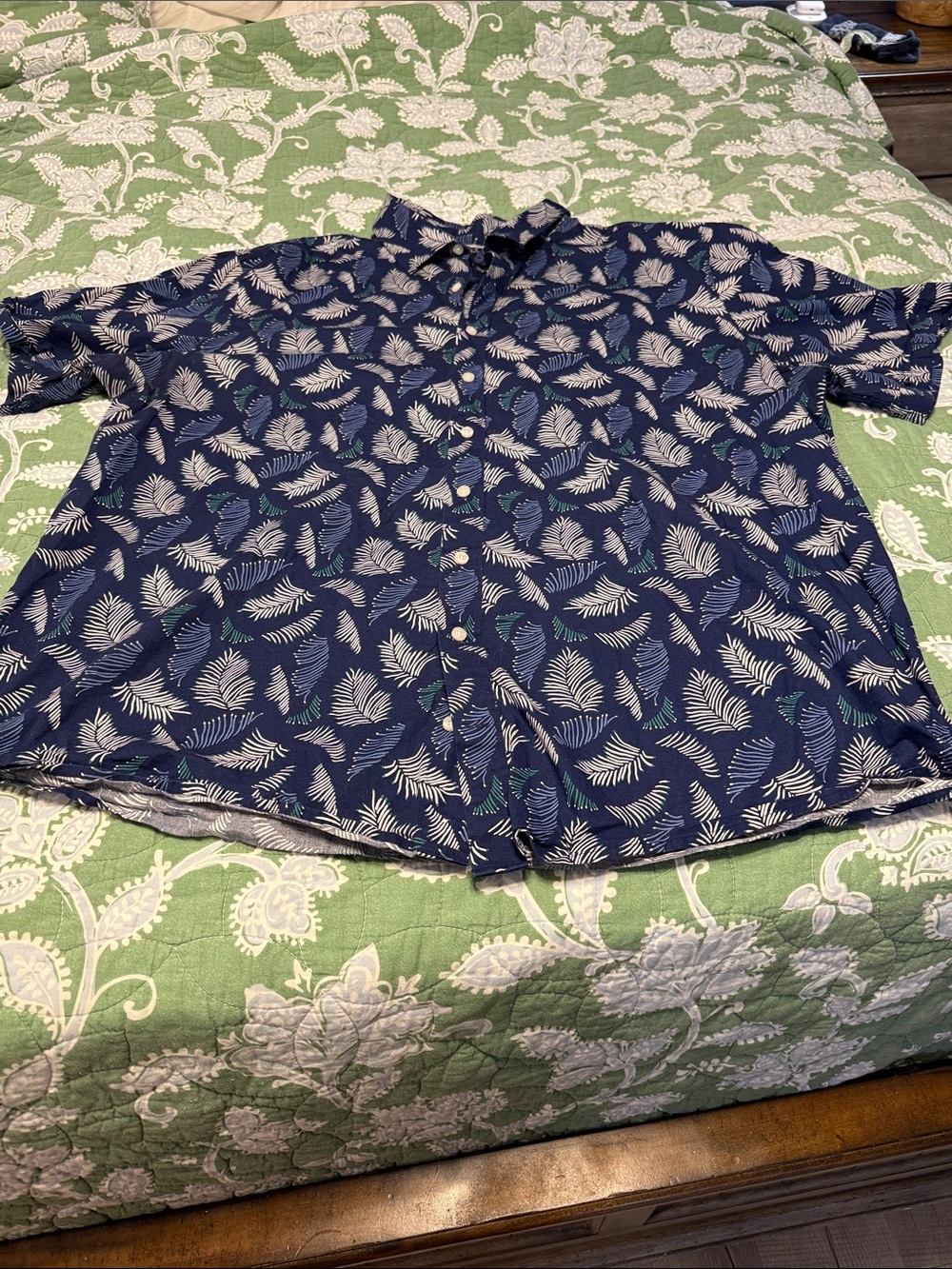 Men's Navy Short-Sleeve Leaf Print Button-Down Shirt